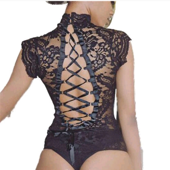 Black Lace Collared Corset Back Bodysuit - Picture 2 of 3
